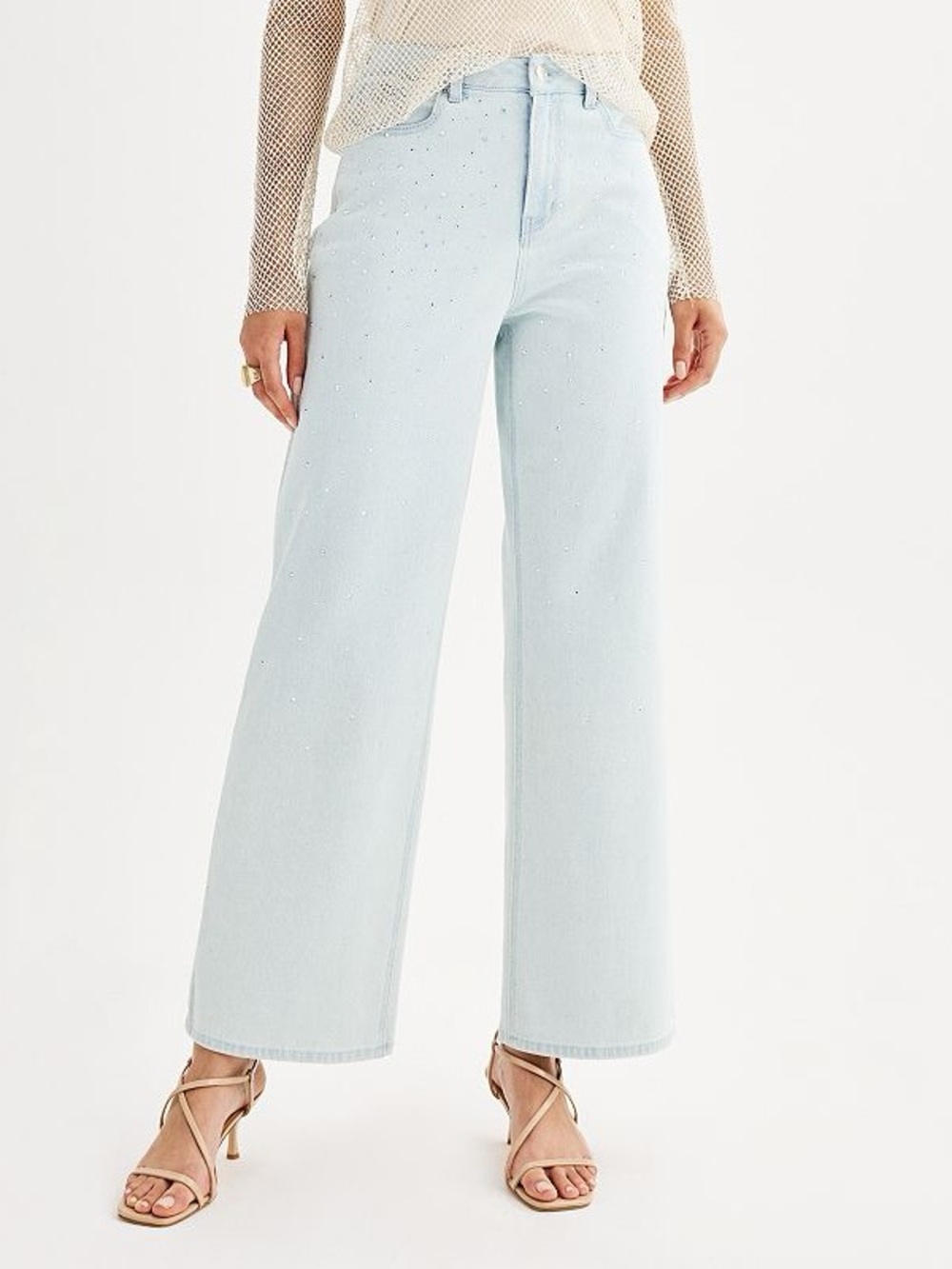 Intempo Rhinestone Crystal Wide Leg Crop Jeans Light Wash | Size 6 - Picture 4 of 15